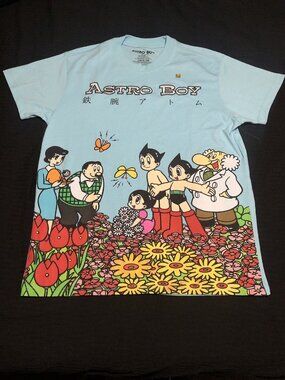 Astro Boy Flower Embroidered Light Blue Short Sleeve T-Shirt M, Lightweight